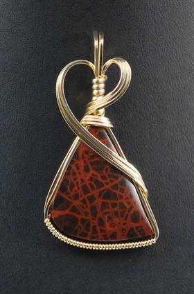Red black spiderweb jasper wire wrapped sculpted 14k gold filled pendant jewelry
