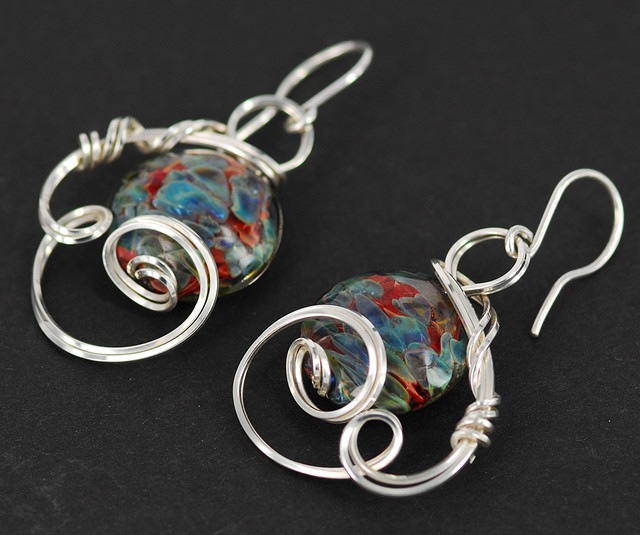 blue red lampwork borosilicate glass earrings wire wrapped sculpted sterling silver cab cabochon jewelry