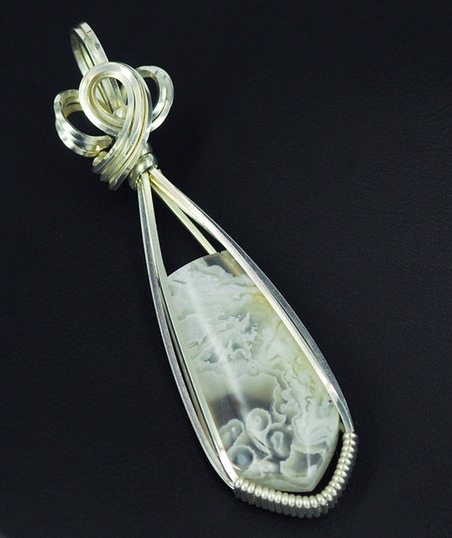 white ochoco tube agate wire wrapped sculpted sterling silver cab cabochon pendant jewelry