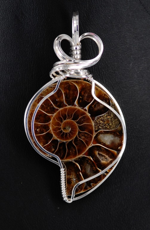 fossil ammonite wire wrapped sculpted sterling silver cab cabochon pendant jewelry