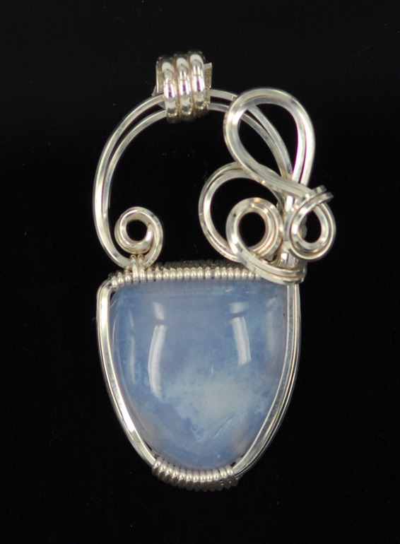 blue chalcedony wire wrapped sculpted sterling silver cab cabochon pendant jewelry
