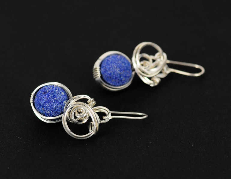 blueberry azurite wire wrapped sculpted sterling silver cab cabochon jewelry earrings