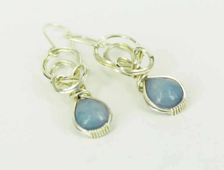 blue jade wire wrapped sculpted sterling silver cab cabochon earrings jewelry