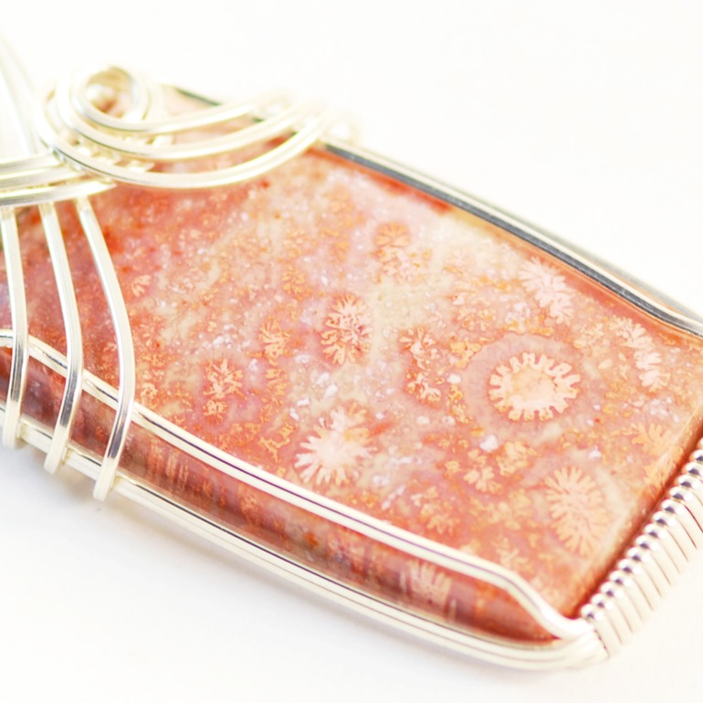 peach indonesian fossil coral wire wrapped sculpted sterling silver cab cabochon pendant jewelry