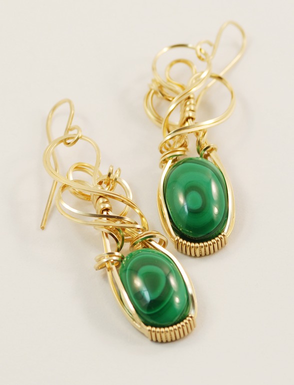 malachite wire wrapped sculpted 14k gold filled cab cabochon earrings jewelry