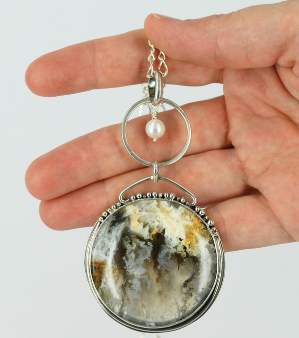graveyard plume agate with freshwater pearl drop sterling silver necklace