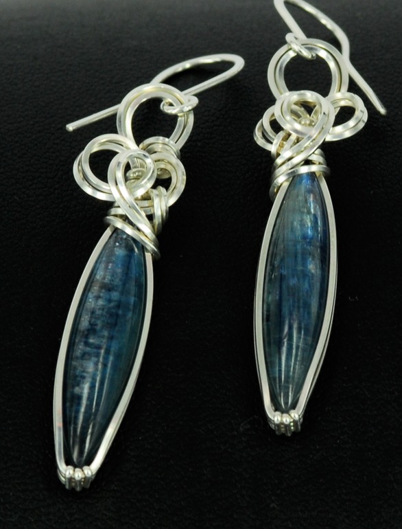 kyanite wire wrapped sculpted sterling silver cab cabochon earrings jewelry