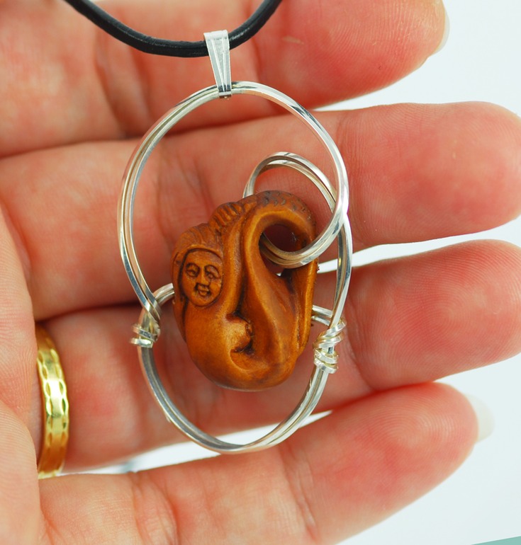 boxwood netsuke mermaid wire wrapped sculpted sterling silver cab cabochon pendant jewelry