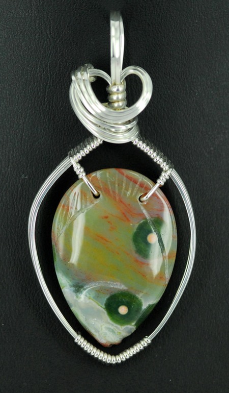 carved ocean jasper fish wire wrapped sculpted sterling silver cab cabochon pendant jewelry