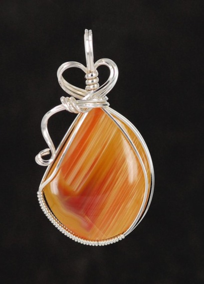 orange queensland agate wire wrapped sculpted sterling silver cab cabochon pendant jewelry