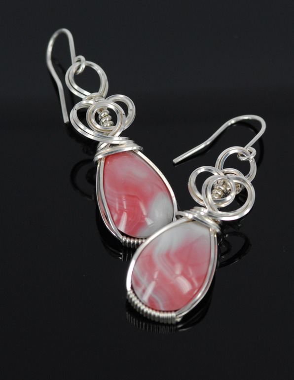 pink queensland agate wire wrapped sculpted sterling silver cab cabochon earrings jewelry