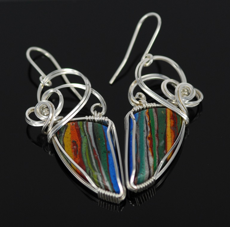 rainbow cal silica wire wrapped sculpted sterling silver cab cabochon earrings jewelry