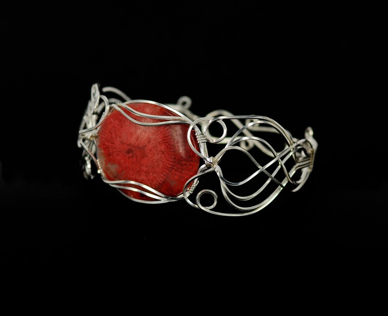 red horn coral wire wrapped sculpted sterling silver cab cabochon bracelet bangle jewelry