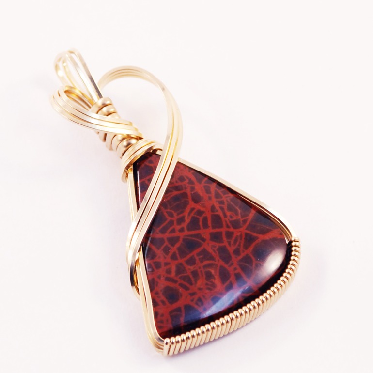 red spiderweb jasper wire wrapped sculpted 14k gold filled cab cabochon pendant jewelry