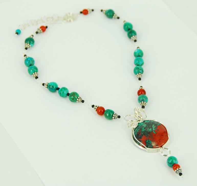sonora sunrise chrysocolla carnelian wire wrapped sculpted sterling silver cab cabochon pendant jewelry necklace 