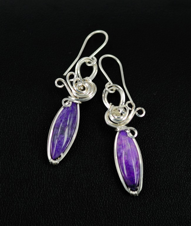 sugilite earrings wire wrapped sculpted sterling silver cab cabochon jewelry