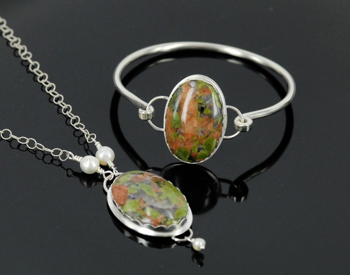 unakite bangle and sterling silver necklace 