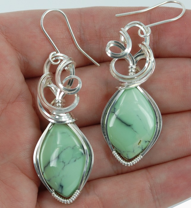 variscite wire wrapped sculpted sterling silver cab cabochon earrings jewelry