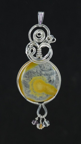 yellow queensland agate wire wrapped sculpted sterling silver cab cabochon pendant jewelry